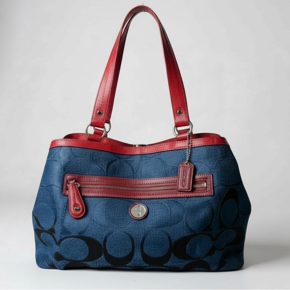 Coach Laura Signature Kiss Lock Tote Shoulder Bag Leather Canvas Handbag Carry